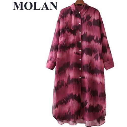 Women Vintage Dreses Turn Down Collar Dyeing Long-Sleeved Female Summer New Stright Chffon Dress