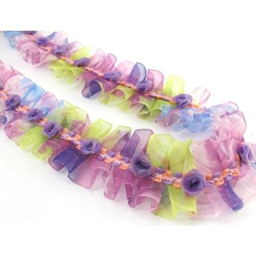 Pleated Trim|w Rococo Flower Trim|1 1/2 Inches Pleated Ombre Printed Chiffon Trim|Organza Chiffon Trim|Retro Handmade Supplies