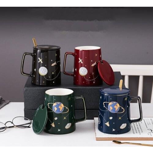 Romantic Milky Way Mug Embroidered Ribbon Handle Lid Spoon Office Coffee Cup Gift Set Gold Personalized & Creative European