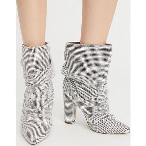 Crystal Luxury Rhinestone Bling Bling Woman Cover Fashion Pointy Toe Chunky Heel Slip On Knight Ladies Short Mid-calf Boots