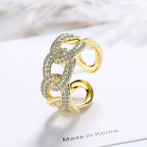 Luxury Female Hollow Chain Open Ring Charm Gold Silver Color Engagement Ring Dainty Bride White Crystal Wedding Rings For Women