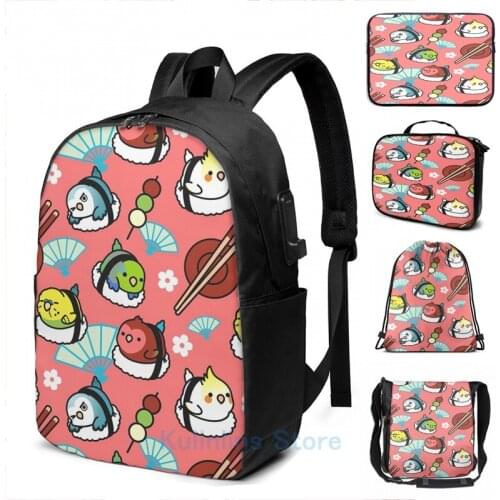 Funny Graphic print Sushi Time with Cody the Lovebird Friends USB Charge Backpack men School bags Women bag Travel laptop bag