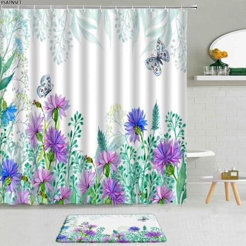 2Pcs Flower Watercolor Shower Curtain Plant Green Leaf Butterfly Floral Sunflower Bathroom Non-Slip Bath Mat Bath Curtains Set