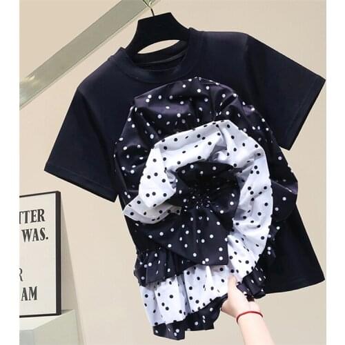 Polka Dot Three-Dimensional Petals Short Slim Fit Cotton Short Sleeve T-shirt for Women 2021 New Spring Summer Top White Black