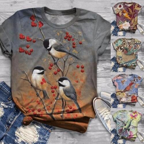 2021 New Women Blouse Vintage Short Sleeve Hummingbird Floral Print Cotton Blend Pullover Summer O Neck T-shirt Top Streetwear