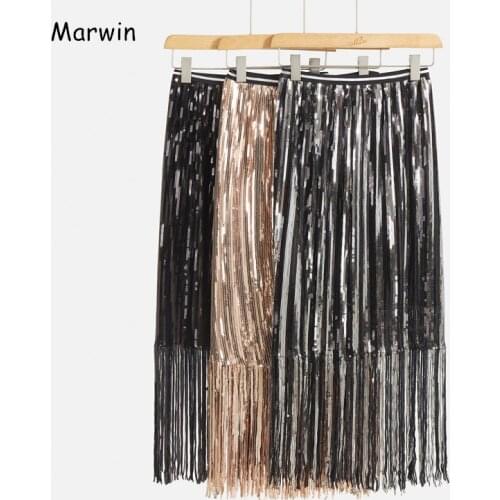 Marwin 2020 New-Coming Spring Solid Tassel Sequined Straight Mid-Calf Empire High Street Style Women Skirts Party Holiday Skirts