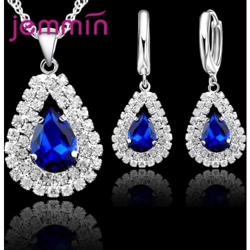 Unique Women Wedding Bridesmaid Infinity 925 Sterling Silver Jewelry Water Drop Shape Hoop Earrings&Necklace Pendant for Women