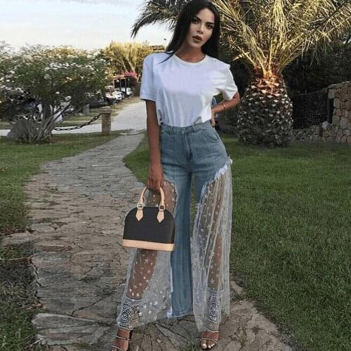 Summer Sexy Women Splice Wide Leg Denim Pants Sheer Mesh Stars Print High Waist Loose Pants Jeans