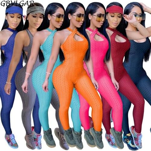 Push Up Womens Tracksuit 2020 Costume For Slim Sport Set Backless Fitness Suits Running Sportswear Cross Halter Jumpsuit