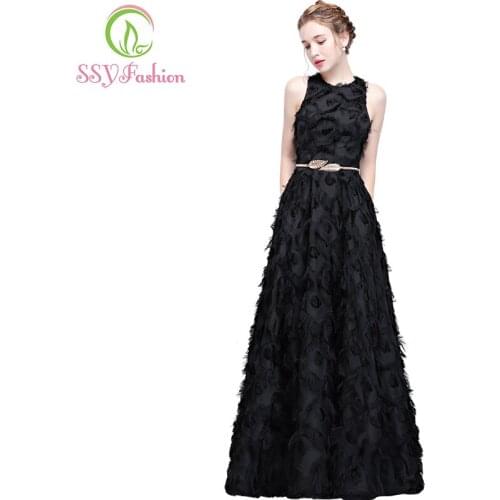 SSYFashion New Simple Black Prom Dress The Banquet Elegant Sleeveless Floor-length Feathers Halter Long Evening Party Gown