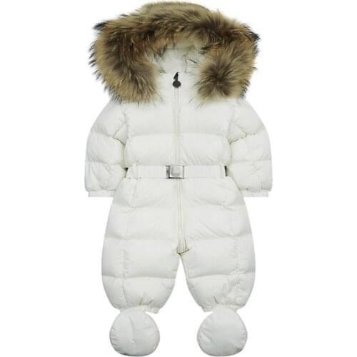 Winter baby snowsuit newborn warm duck down 100% Real Raccoon fur hooded jumpsuit infant baby girls boys Bodysuits