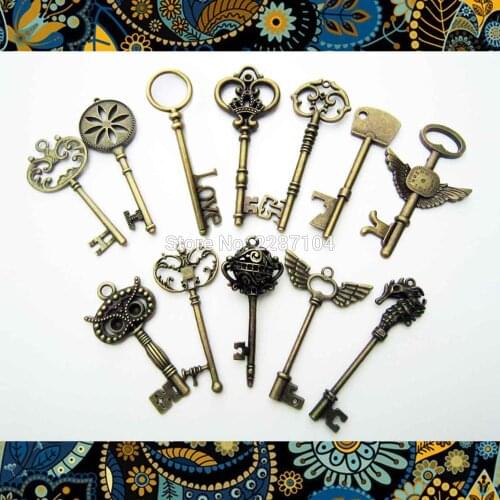 12pcs/lot Heavy Duty Large Antique Bronze Vintage Old Look Decor Skeleton Key Necklace Pendant Bow Steampunk Charms Jewelry Set4