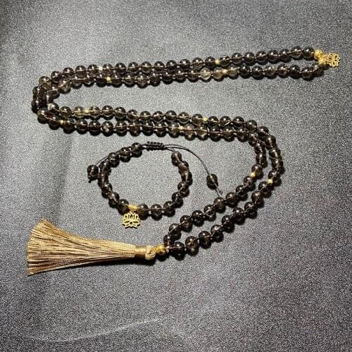 8mm Natural Smokey Quartz Beaded Knotted Mala Necklace Meditation Yoga Healing Jewelry Bracelet Set 108 Japamala Lotus Rosary