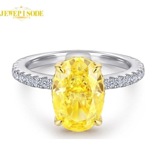 Jewepisode 100% 925 Sterling Silver Oval Cut Yellow Citrine High Carbon Diamond Gemstone Wedding Engagement Rings for Women Ring
