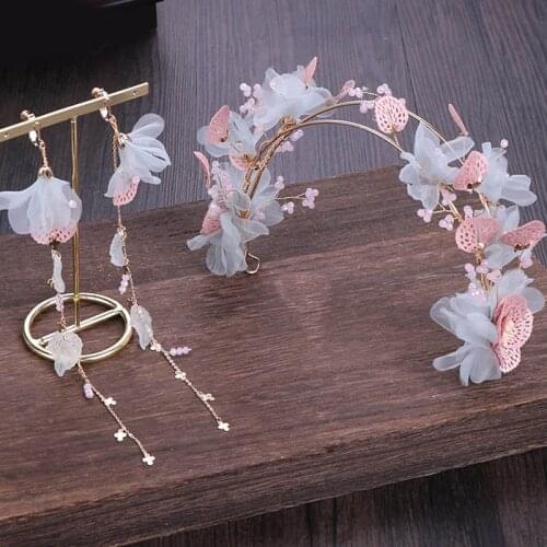 FORSEVEN New Chinese Dress Headdress Set Flowers Crystal Hairband Long Fairy Tassels Dangle Earrings Bridal Wedding Jewelry Sets