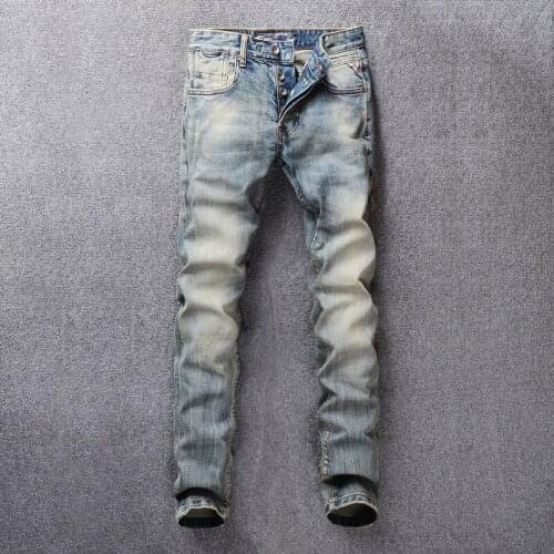 Men Jeans Retro Washed Slim Fit Little Elastic Denim Pants 98% Cotton Fashion Jeans Vintage Classical Basic Buttons Jeans