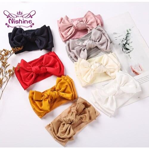 Nishine Toddler Soft Comfortable Nylon Headband Infant Solid Color Handmade Bowknot Hairband Bows Headwear Photography Props