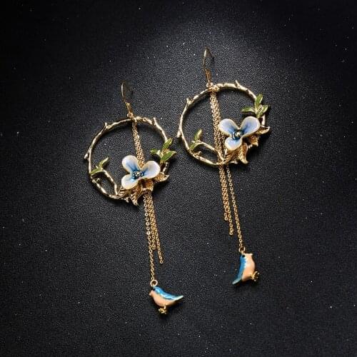New Style Personalized Enamel Glaze Flower Bird Earrings Female Temperament European and American Fashion Trendy Long Earrings