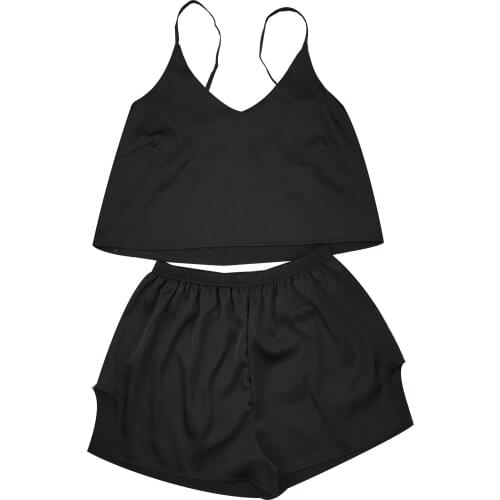 EV&RE Solid Color Sexy Spaghetti Strap Top Pajamas Satin Sleeveless V Neck Women Sleepwear Lingerie Summer Home Suit for Girls