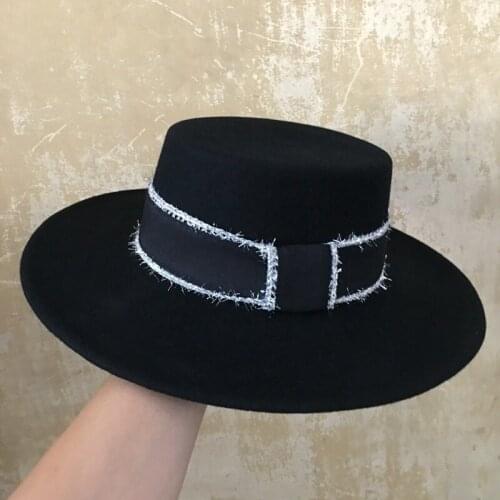 Women Wool Fedora Hat Wide Brim Ribbon Black Winter Hat Panama Cowboy Hat Floppy Sun Hat for Party Church Wedding Ladies Hat