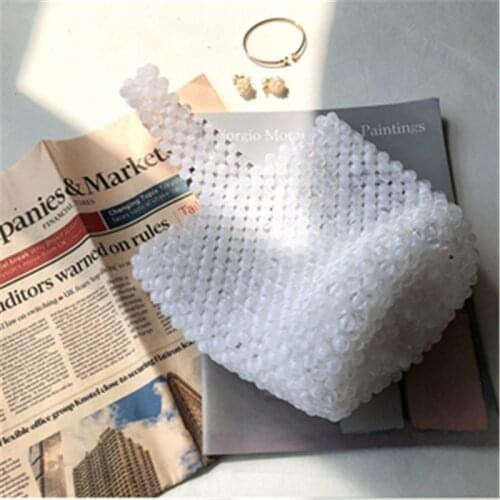 Women Acrylic Pearl Tote Top-handle Braided Bead Bucket Bag Handmade Drawstring Small Hollow Handbags Ladies Party Evening Bags