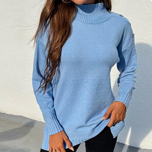 Turtelneck Sweaters For Women High Neck Long Sleeve Casual Autumn Winter Pullovers Sweaters Buttons Shoulder Tops New#f3