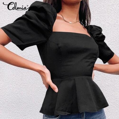 S-5XL Stylish Women Square Collar Peplum Tops Celmia Short Puff Sleeve Blouses Oversize Casual Solid Color Party Short Tunic Top