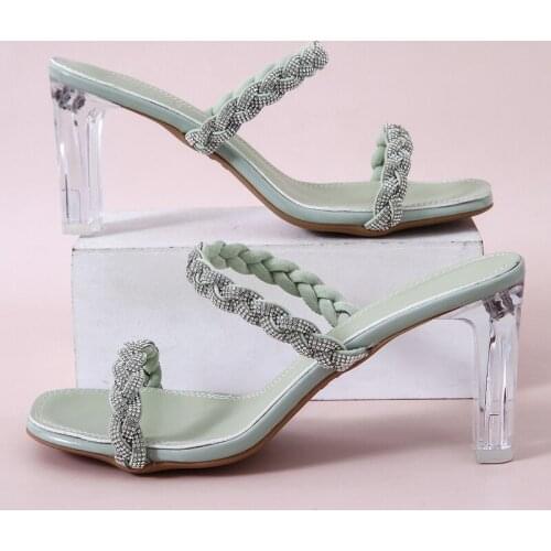 Square Heel Women Shoes Women Slippers Ladies High Heels Glitter Slide Fashion Block PU Rubber Crystal Women Sandals