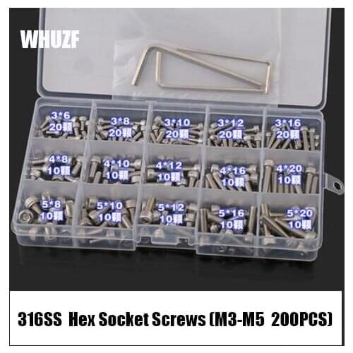 WHUZF 200pcs/set M3 M4 M5 316 Stainless Steel Hexagon Socket Head Cap Screws Bicycle Hex Bolts Nut Screw Set Assortment Kit