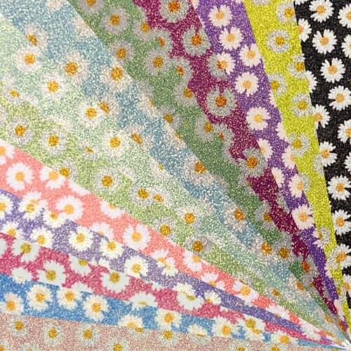 Chrysanthemum/Daisy Flower Pattern Printed Colorful Shiny Fine Glitter Faux Leather Sheet for Hair Bow/Decoration/Craft