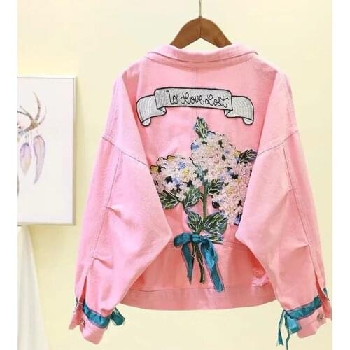 2021 New Autumn Womens Denim Jacket Coat Candy Color Embroidery Jeans Coat Female Casual Jackets Loose Streetwear Outwear