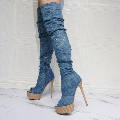 Fashion Denim Blue Platform Cowboy Boots Women Peep Toe Over knee Boots Anunmn Sexy Runway Women Stiletto Thigh High Heels