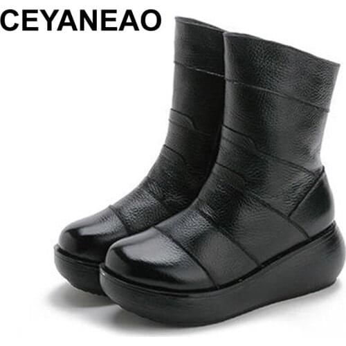 CEYANEAO Genuine Leather Flat Platform Half Boots Women Shoes 2019 Winter Round Toe Vintage Platform Mid-Calf Boots Woman Zipper