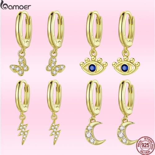 Bamoer New Genuine 925 Sterling Silver Shining Butterfly Earrings for Women Luxury Gold Plated Moon Star Earrings Fine Jewelry