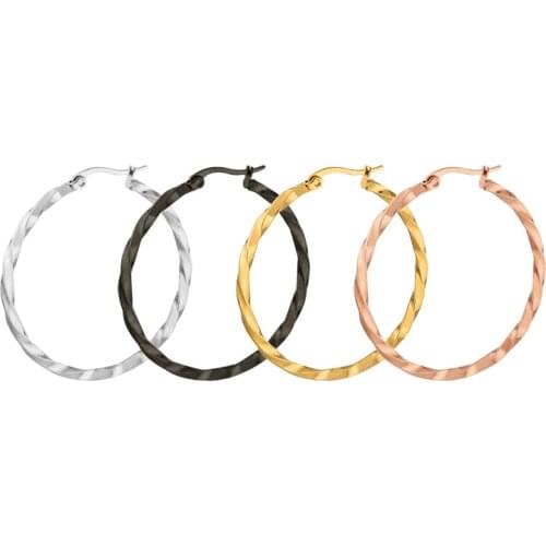 AsJerlya 1 Pair Girls Women Earrings 316L Stainless Steel Hoop Earrings Gold Color Twist Round Gold/Black/Silver/Rose Gold Color