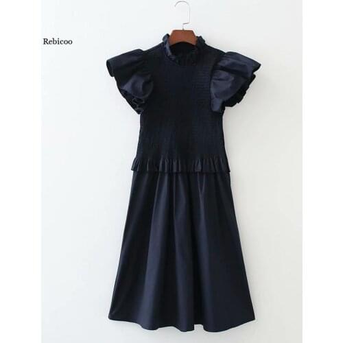 Women Spring Autumn New Fashion Tide Stand-Up Collar High Waist Ruffles Knee-Length Short Sleeve Solid Color Dress