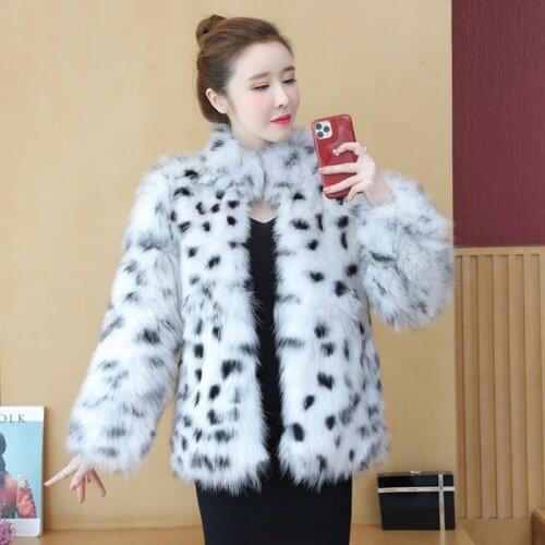 2021 Autumn Winter Womens New Faux Fox Fur Plush Coats Female Stand Collar Print Jackets Ladies Warm Imitation Fur Outwear M638