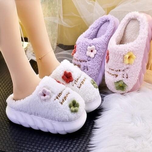Winter thick-soled womens cotton slippers, household plush slippers, fashion flowers, wear non-slip cotton shoes 36-41