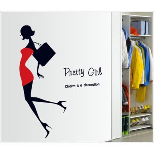 1pc large Shopping Mall Window Glass Sticker Cartoon Fashion Beauty with Red Dress Home Decor Wall Sticker Store Decoration