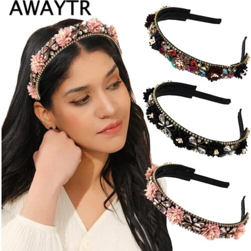 AWAYTR Baroque Flower Headband for Woman Vintage Simulated Rhinestone Hairband Bridal Wedding Hair Accessories