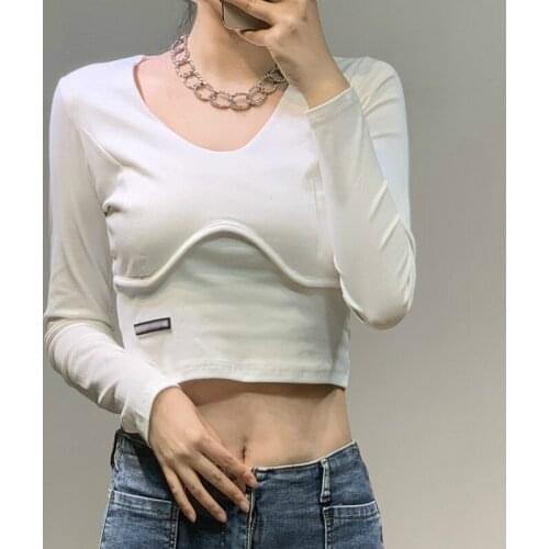 Black Short Tops For Women V Neck Long Sleeve Large Size Tunic Slim Basic T Shirts Female 2020 Fashion New Clothing Fall C648