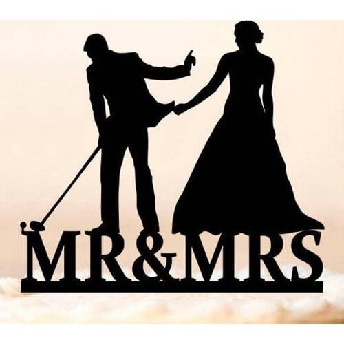 Golf Wedding Cake Topper,Bride Pulling Groom Silhouette Wedding Cake Topper,Mr & Mrs Lover Ever Golf Theme Cake Topper