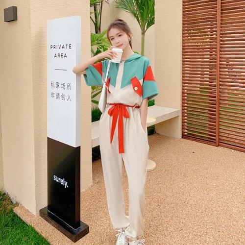 Overalls for Women Fashion Splice Summer Short Sleeve Bandage Hooded Jumpsuits Female Streetwear Hip Hop One Piece Harem Pants