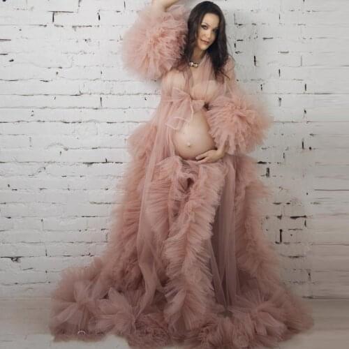 Pretty Nude Pink Ruffles Tulle Maternity Dress For Photoshoot Full Sleeves Women Dresses Tulle Robe Bathrobe Nightwear