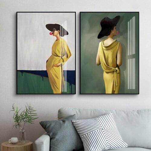 Fashion Women in Yellow Dress Green Background Canvas Painting Wall Art Pictures Posters Prints for Bedroom Home Decoration