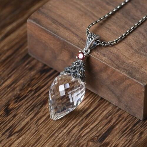 BOCAI 2021 Trend New Real S925 Wilver Womans Pendant Retro Fashion Unique Inlaid with Marxite White Crystal Pendant