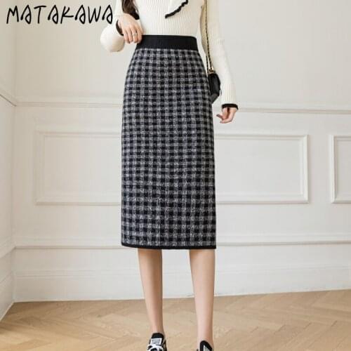 Matakawa Autumn Long Skirt Woman Korean Fashion High Waist Slim Knitted Faldas Largas Vintage Plaid Elegant Bodycon Skirts