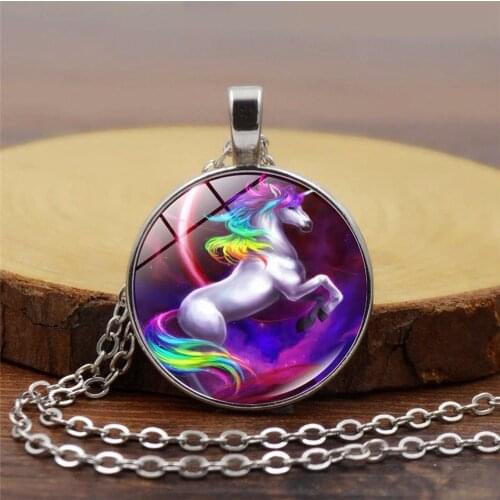 2021 Men and Women Gift Time Gemstone Flying Glass Dome Horse Unicorn Pendant Necklace Vintage Sweater Chain Alloy Jewelry