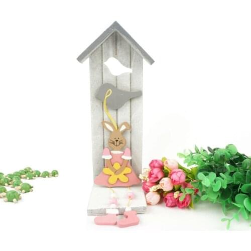 Easter decoration 6pcs wood pink vintage easter rabbit easter bunnier for home decorations wall crafts hanging gift freeshipping