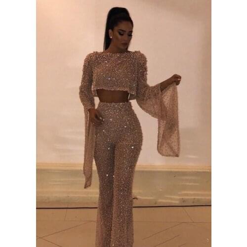 Hot Sell Sequin Two Pieces Prom Dresses Sheath Long Sleeves Plus Size Formal Dresses Party Evening Gowns Custom Made Pants Suit